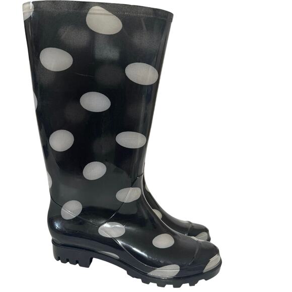 Arizona Jeans rain boots black with white pika dits womens size 9 med.  New - Picture 1 of 9